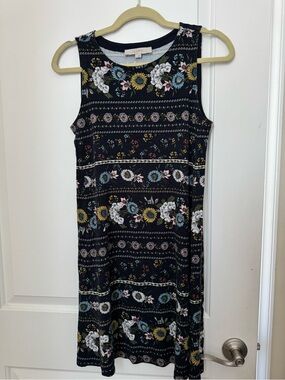 LOFT Black Floral Midi Dress with Blue, Yellow & White Accents